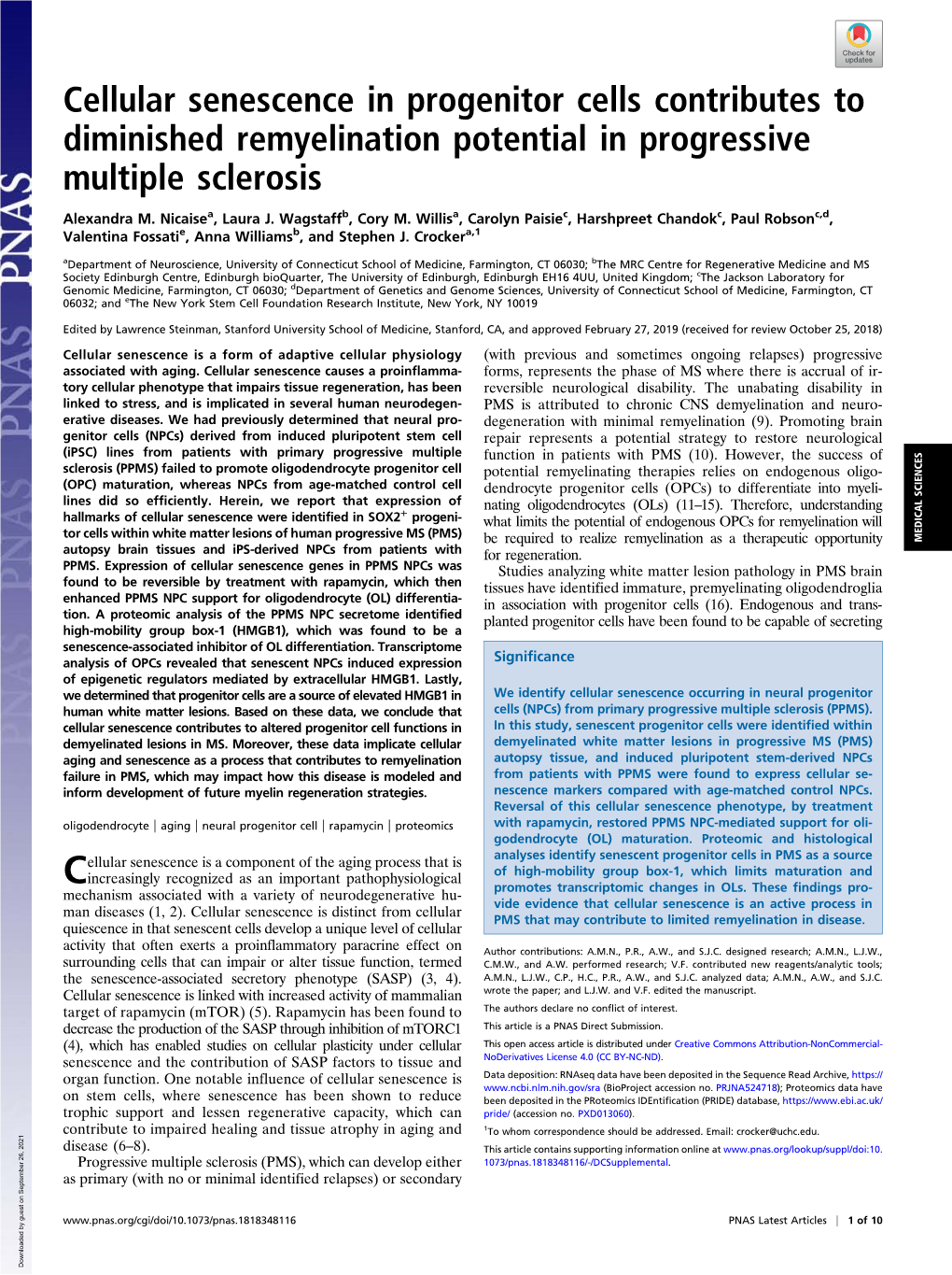 Cellular Senescence in Progenitor Cells Contributes to Diminished Remyelination Potential in Progressive Multiple Sclerosis