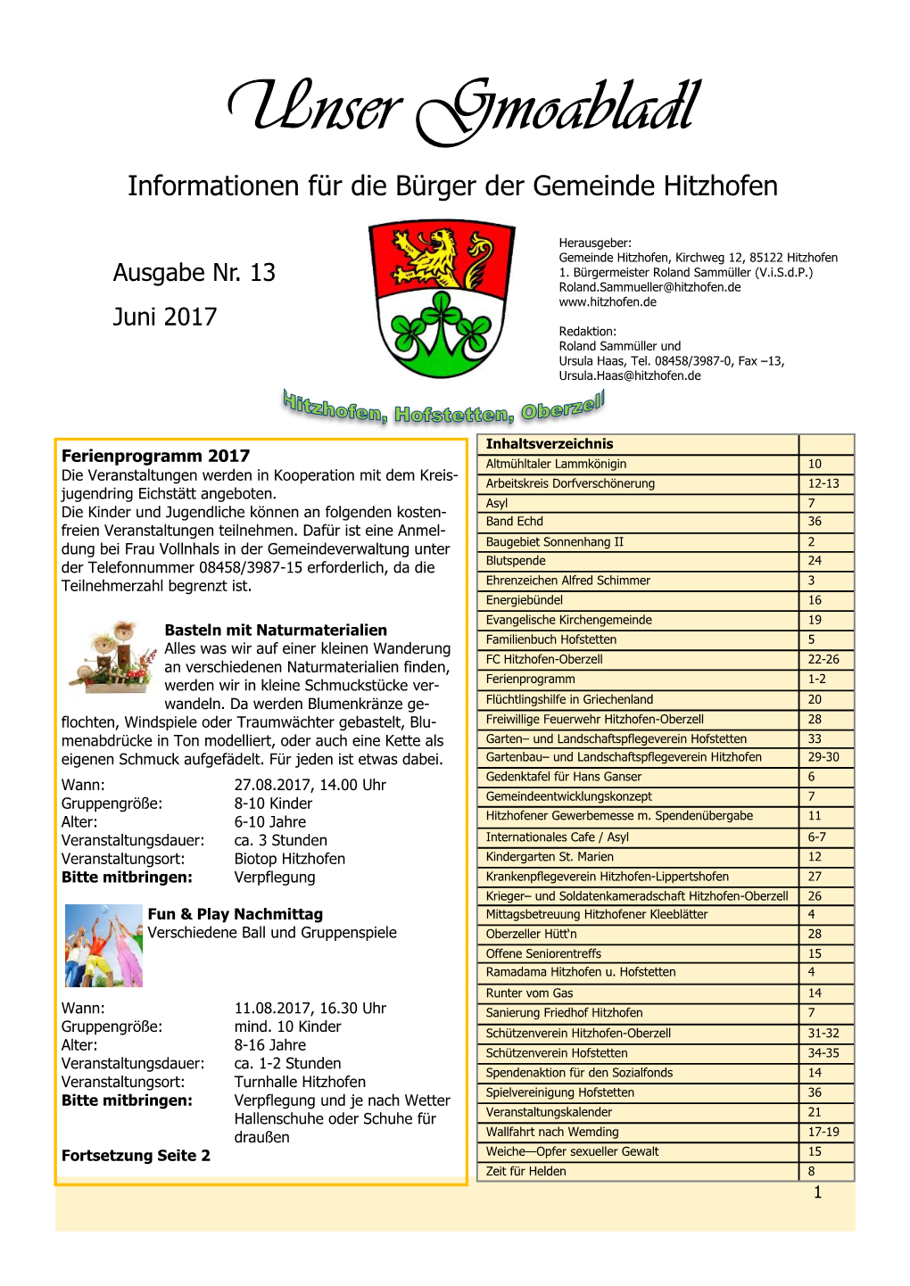 Unser Gmoabladl Informationen Für Die Bürger Der Gemeinde Hitzhofen