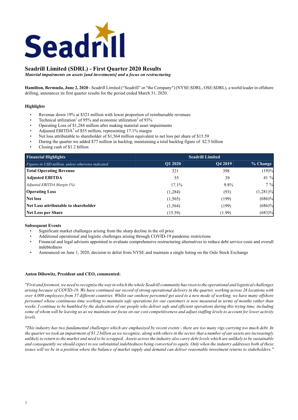 Seadrill Quarterly Report 2020 Q1