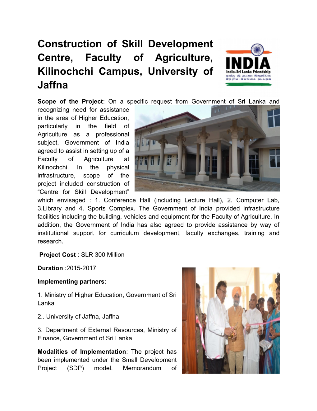 Construction of Skill Development Centre, Faculty of Agriculture, Kilinochchi Campus, University of Jaffna