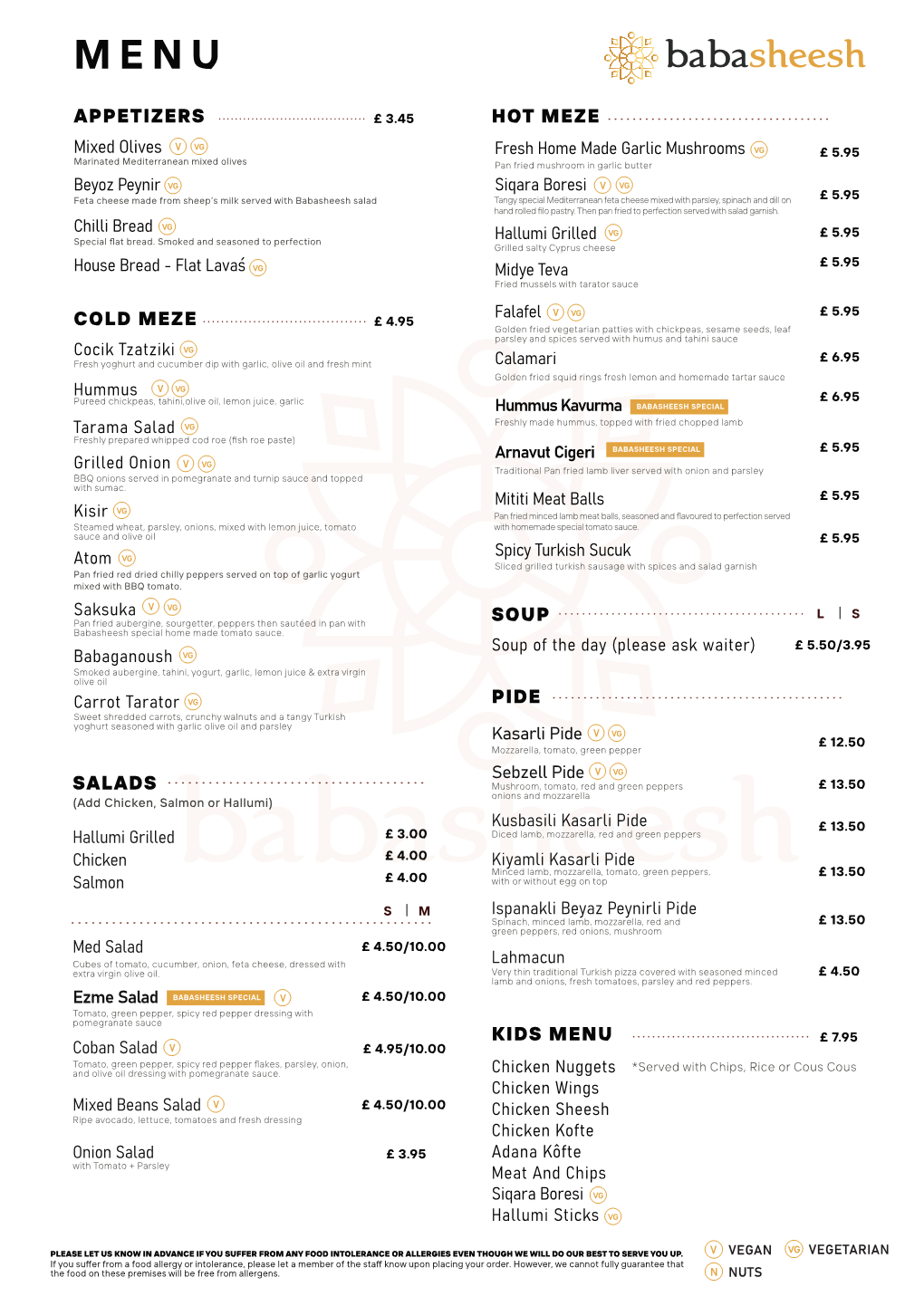 A La Carte Menu