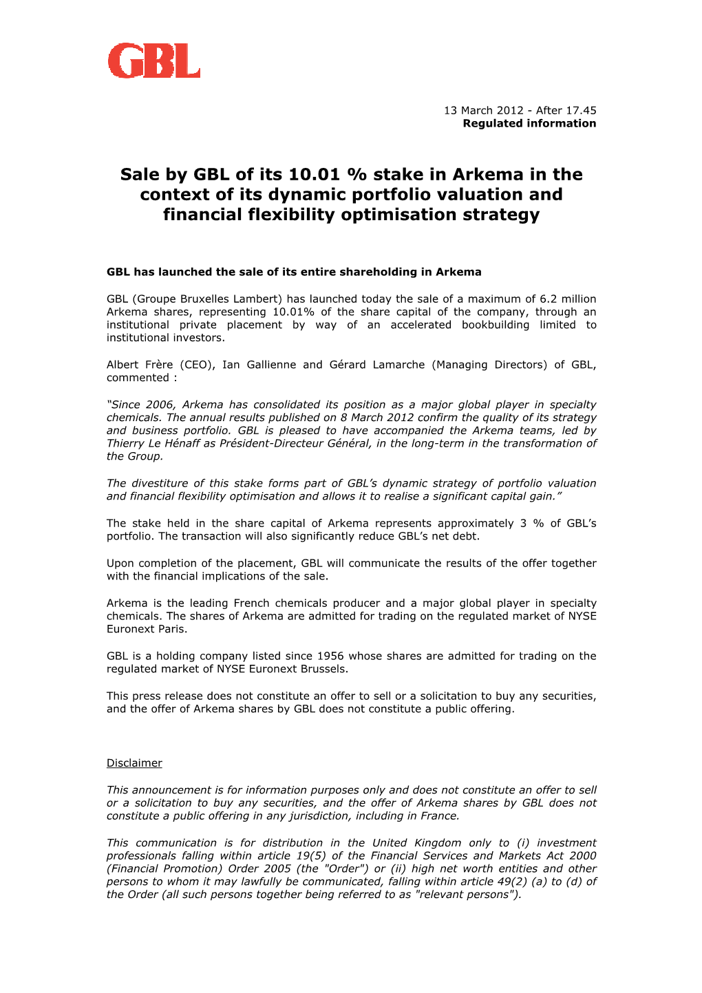 Sale by GBL of Its 10.01 % Stake in Arkema in the Context of Its Dynamic Portfolio Valuation and Financial Flexibility Optimisation Strategy