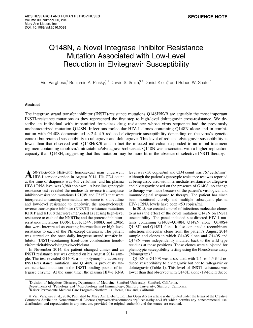 Q148N, a Novel Integrase Inhibitor Resistance Mutation Associated with Low-Level Reduction in Elvitegravir Susceptibility