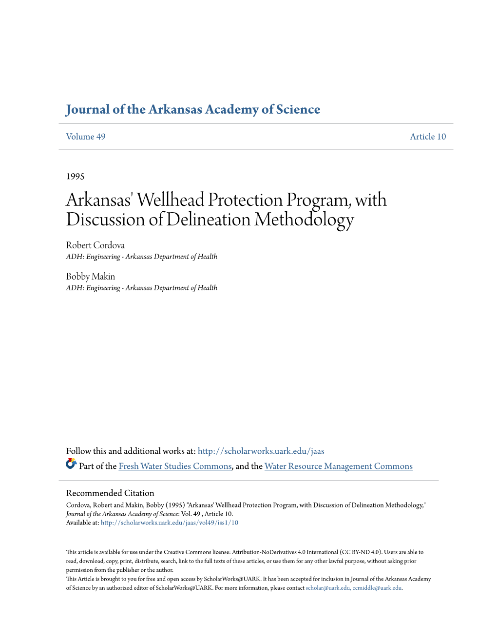 Arkansas' Wellhead Protection Program, with Discussion of Delineation Methodology Robert Cordova ADH: Engineering - Arkansas Department of Health