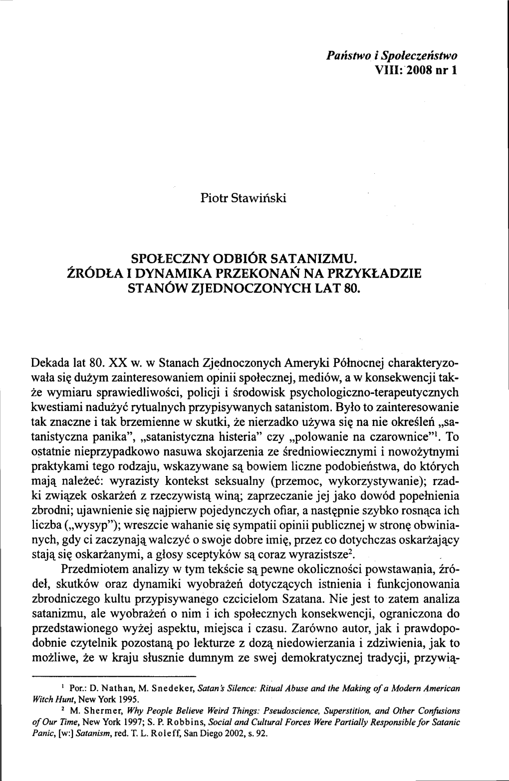 Społeczny Odbiór Satanizmu. Żródła I Dynamika Przekonań Na