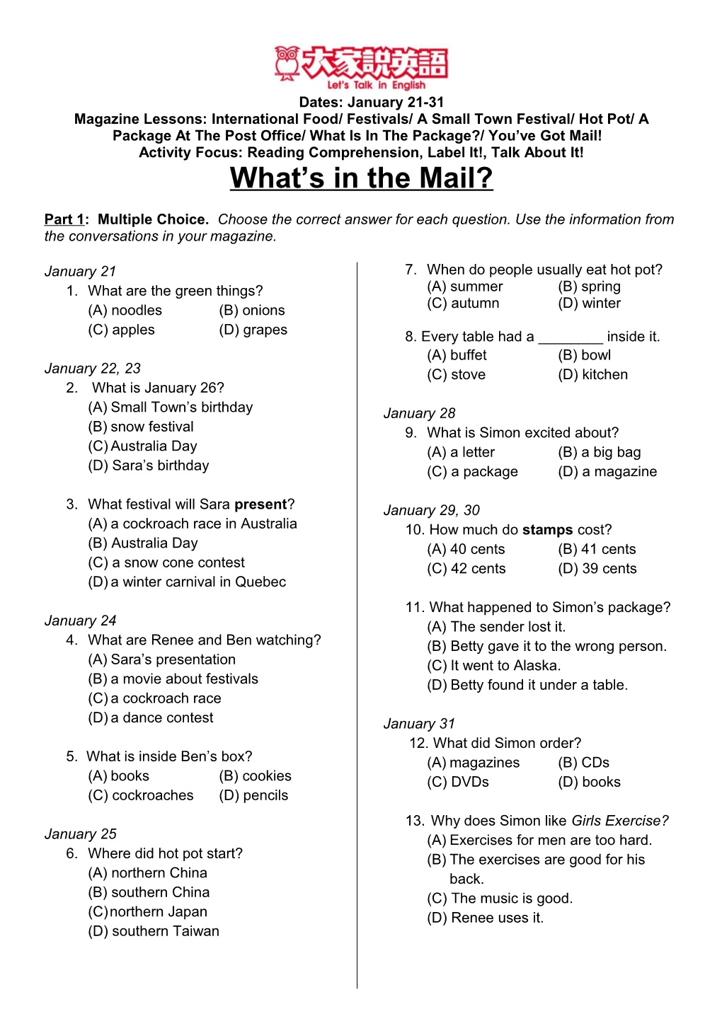 Activity Focus: Reading Comprehension, Label It!, Talk About It!