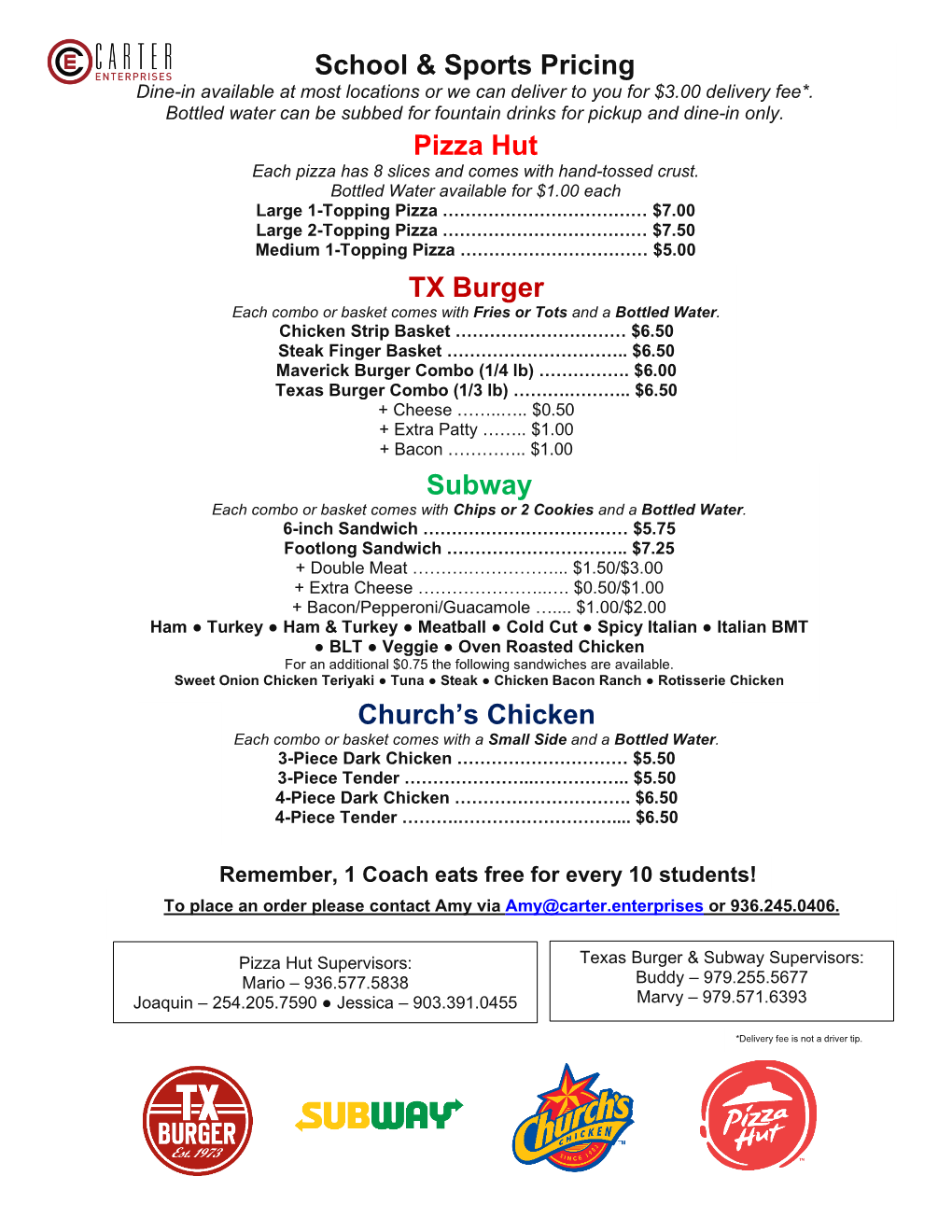 Pizza Hut School & Sports Pricing TX Burger Subway Church's Chicken