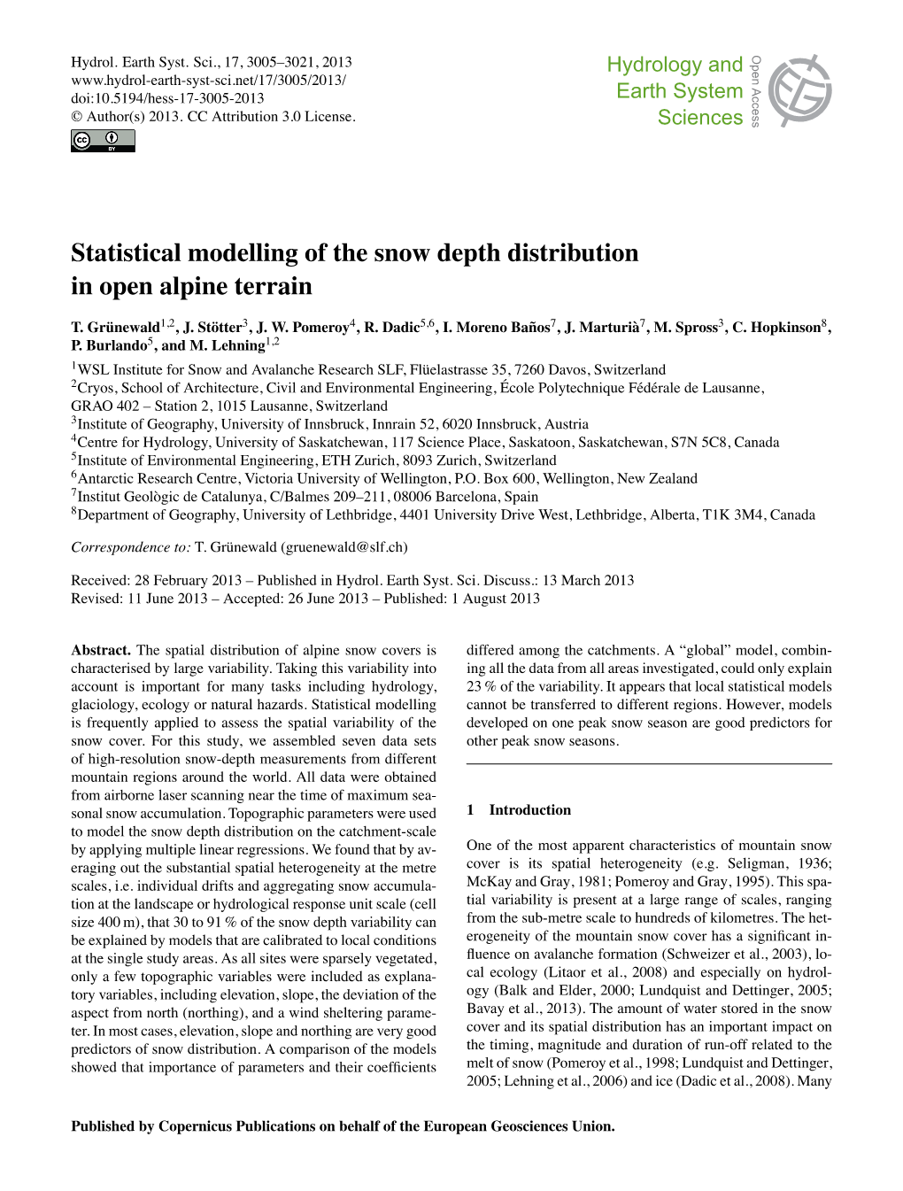 Statistical Modelling of the Snow Depth Distribution In