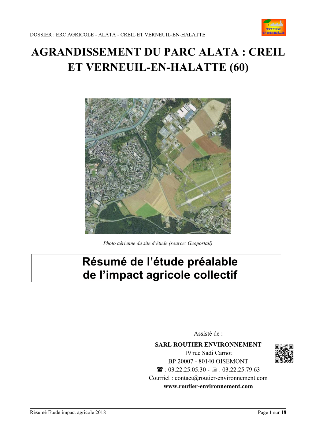 AGRANDISSEMENT DU PARC ALATA : CREIL ET VERNEUIL-EN-HALATTE (60) Résumé De L'étude Préalable De L'impact Agricole Collec