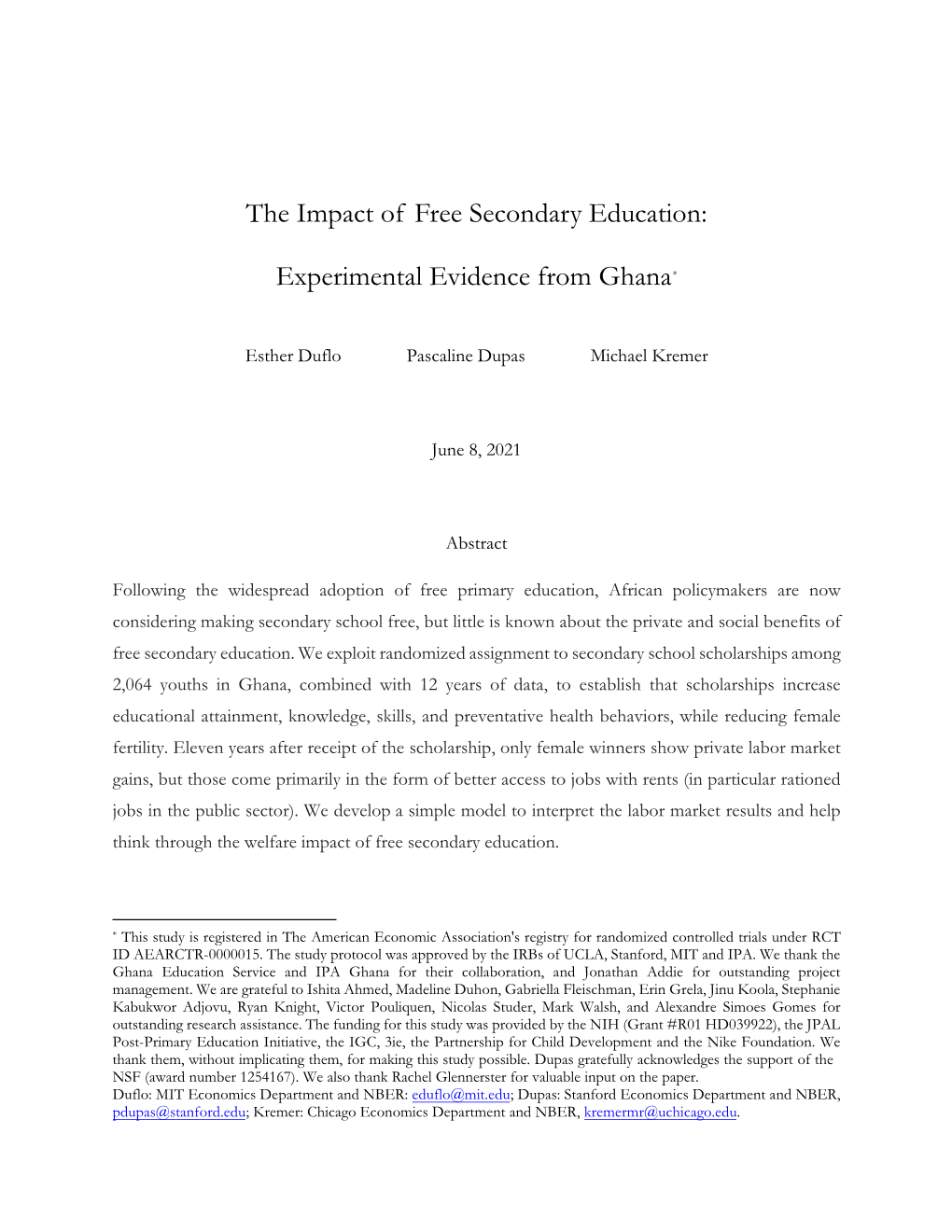 The Impact of Free Secondary Education: Experimental Evidence