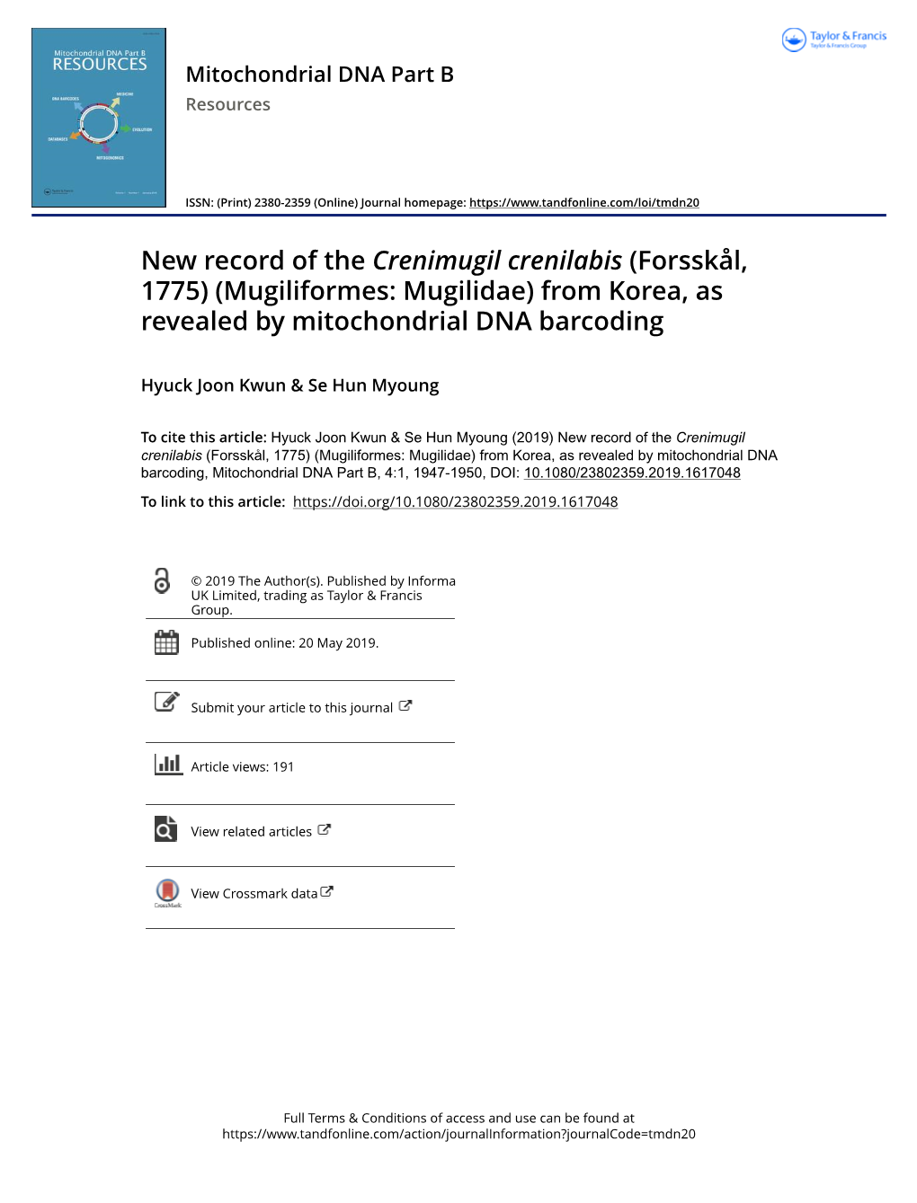 (Forsskål, 1775) (Mugiliformes: Mugilidae) from Korea, As Revealed by Mitochondrial DNA Barcoding