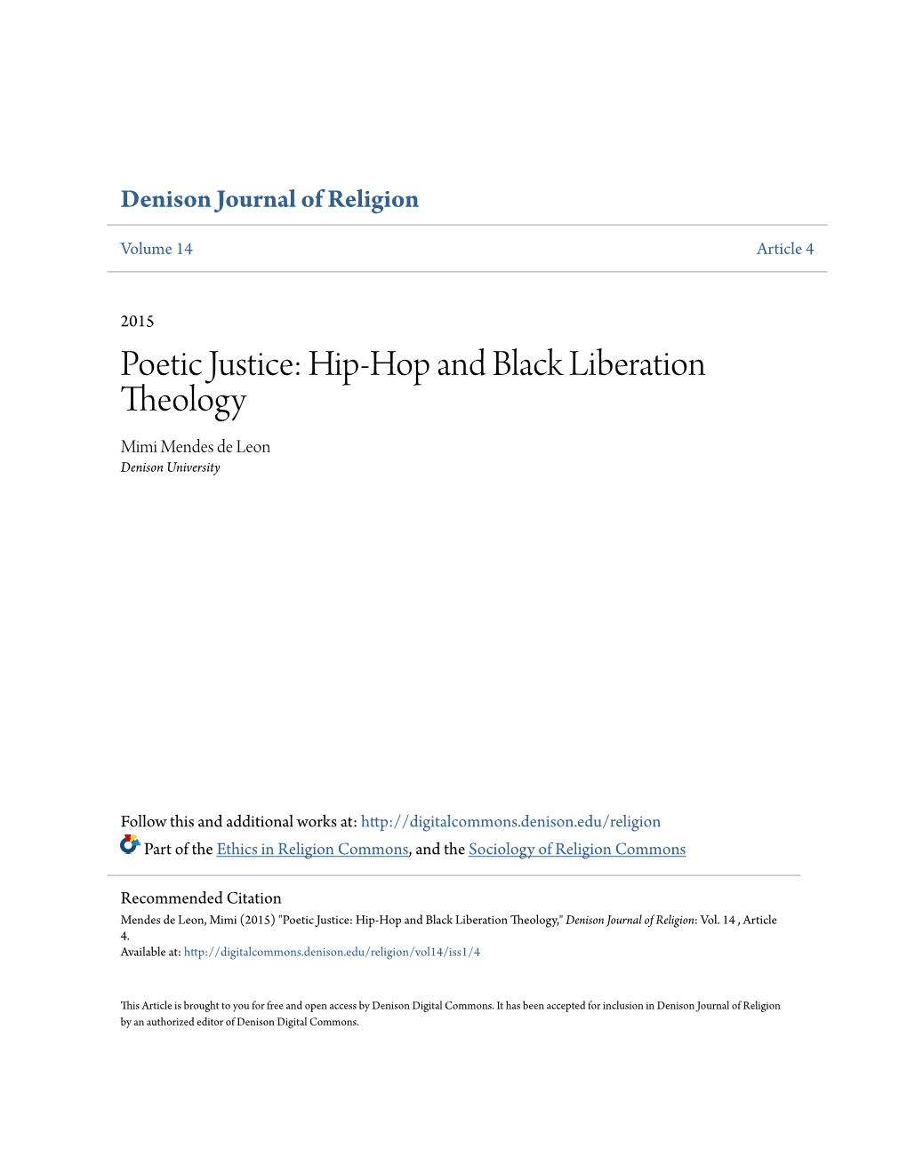 Hip-Hop and Black Liberation Theology Mimi Mendes De Leon Denison University