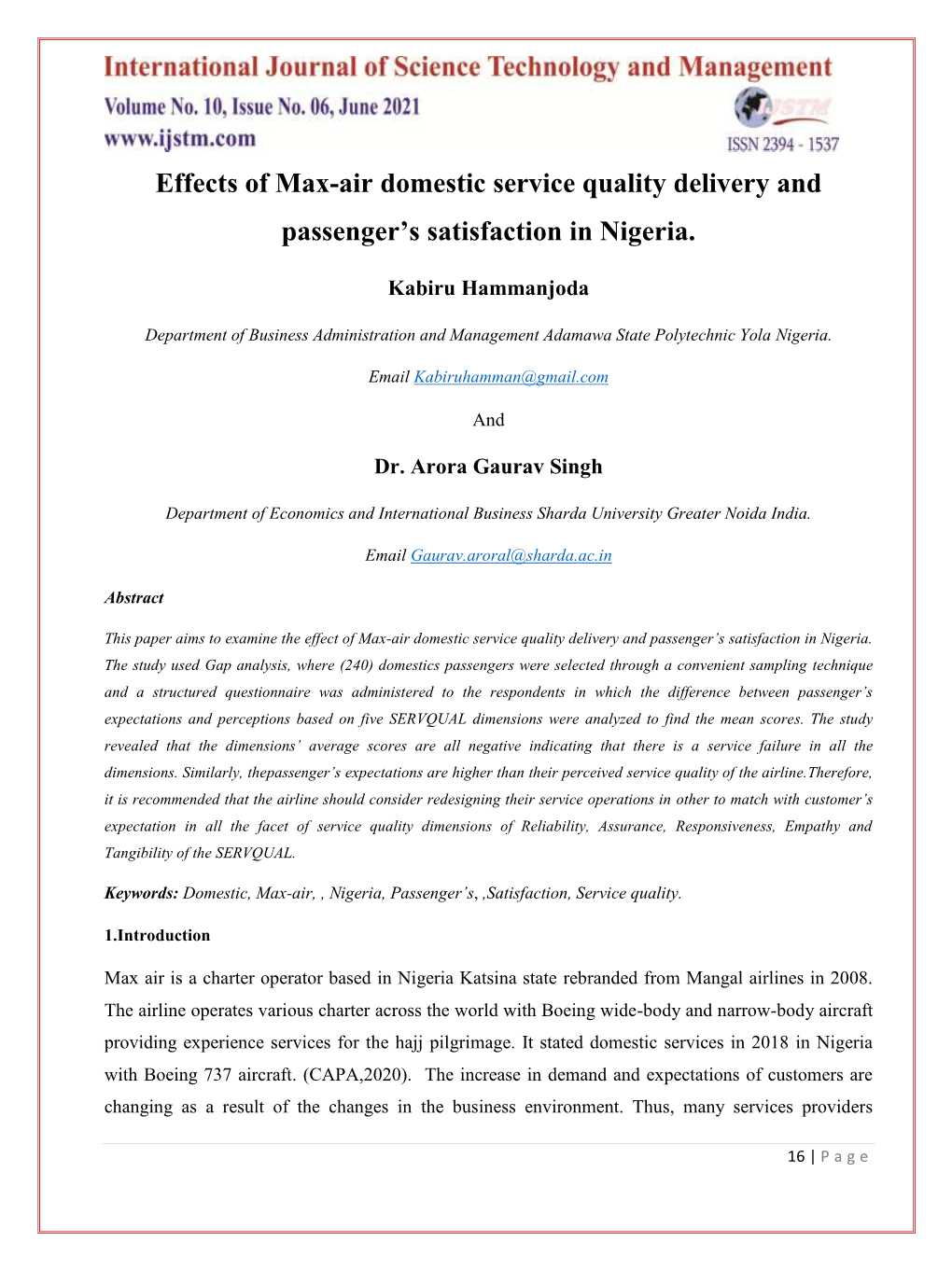 Effects of Max-Air Domestic Service Quality Delivery and Passenger's