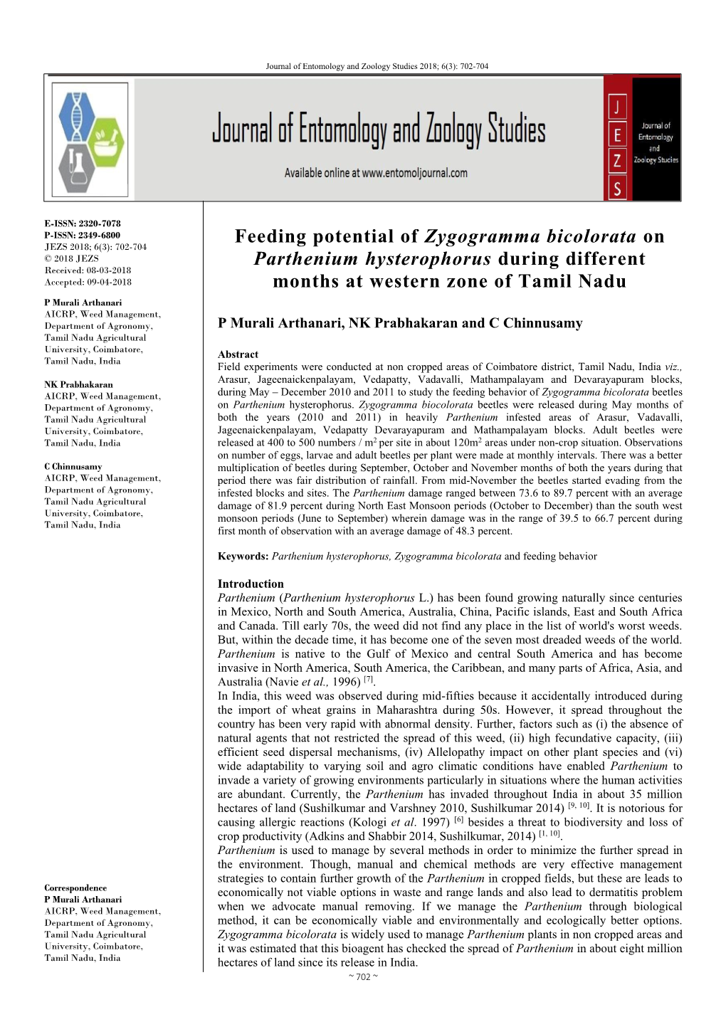 Feeding Potential of Zygogramma Bicolorata on Parthenium