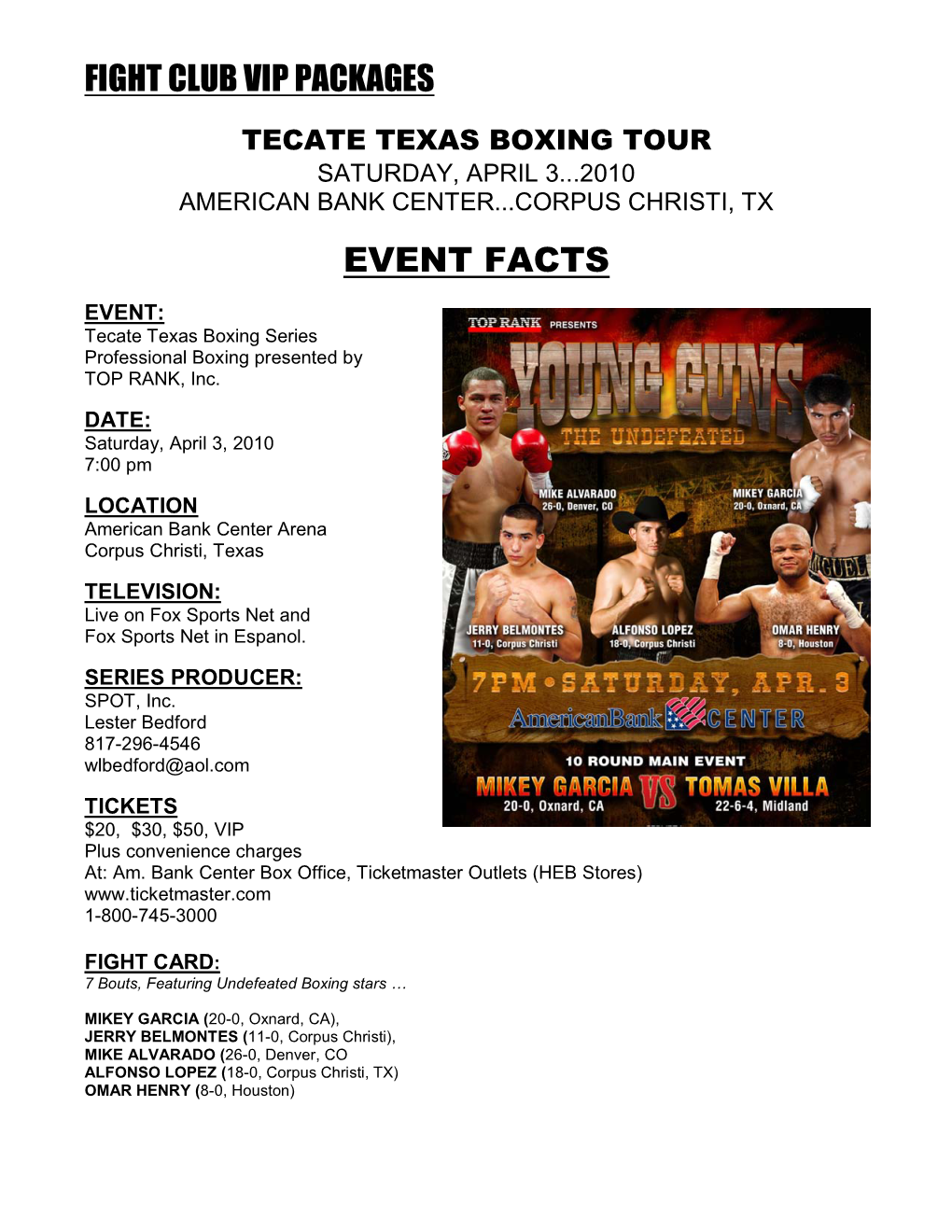 Fight Club Vip Packages Event Facts