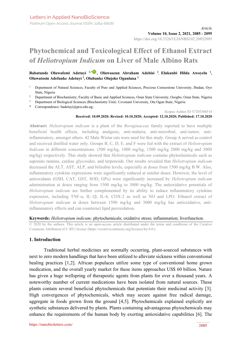 Phytochemical and Toxicological Effect of Ethanol Extract of Heliotropium Indicum on Liver of Male Albino Rats