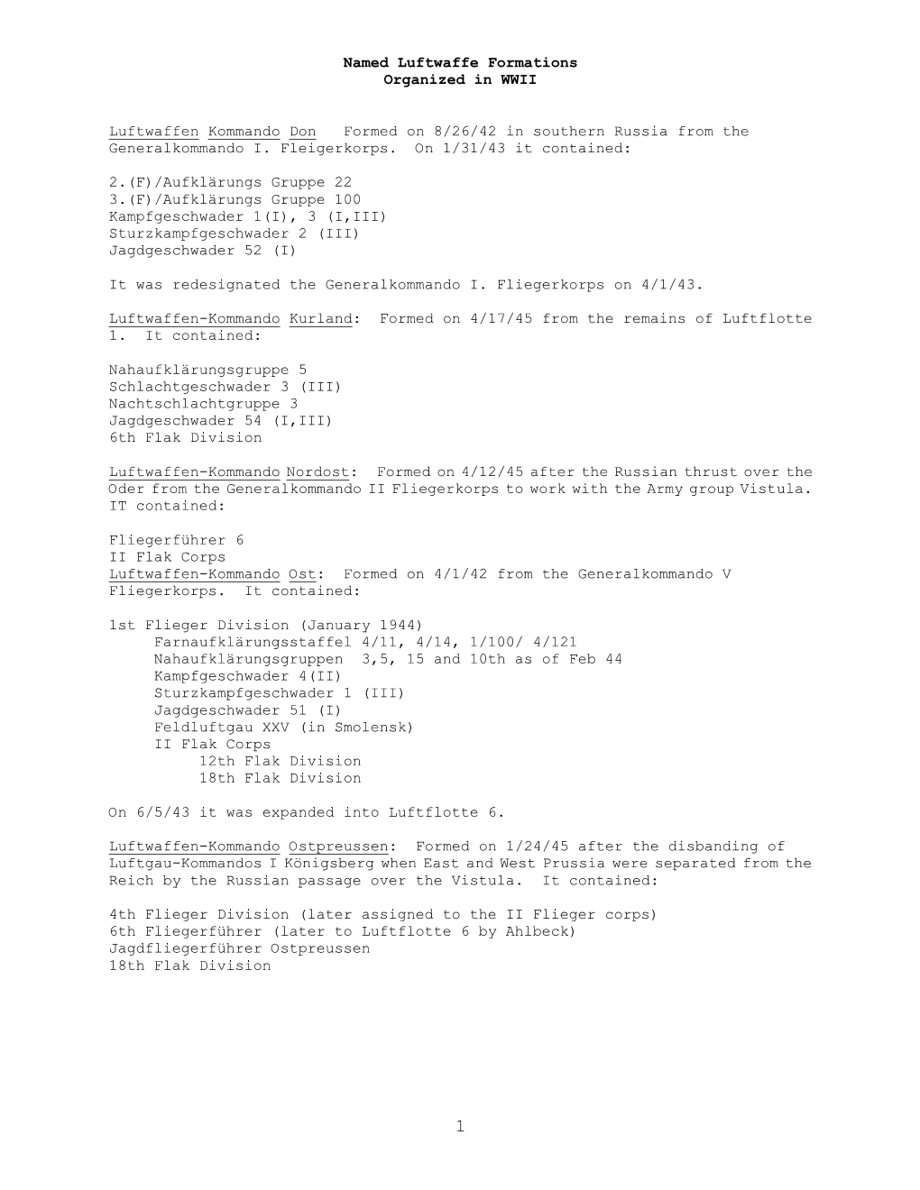 Named Luftwaffe Formations Organized in WWII