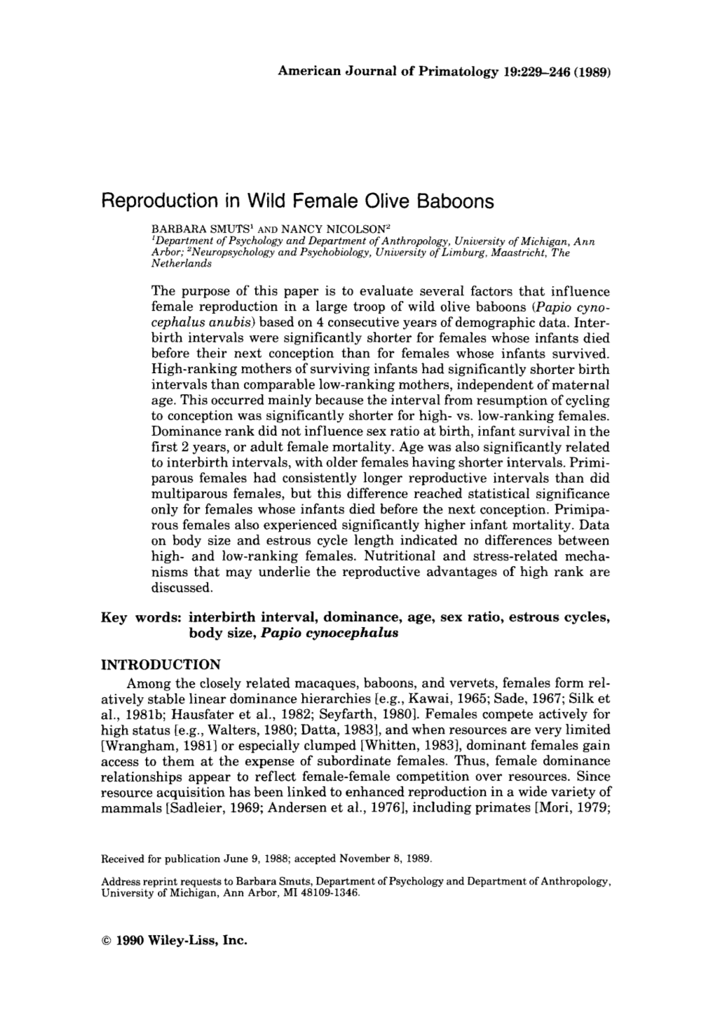 Reproduction in Wild Female Olive Baboons