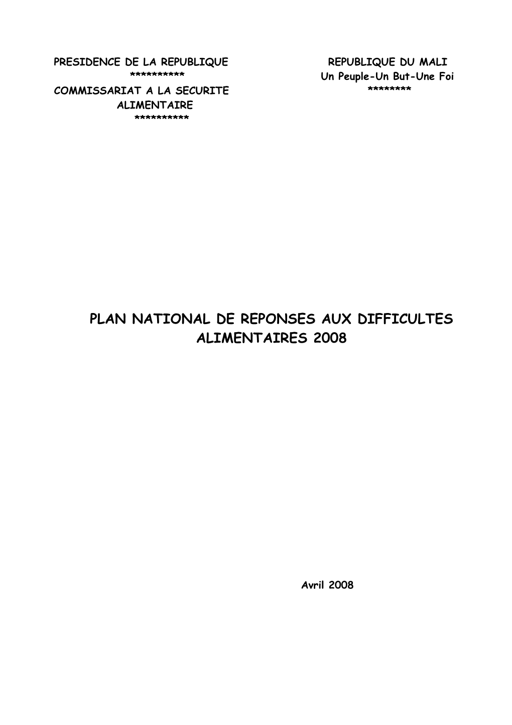 Plan National De Reponses Aux Difficultes Alimentaires 2008