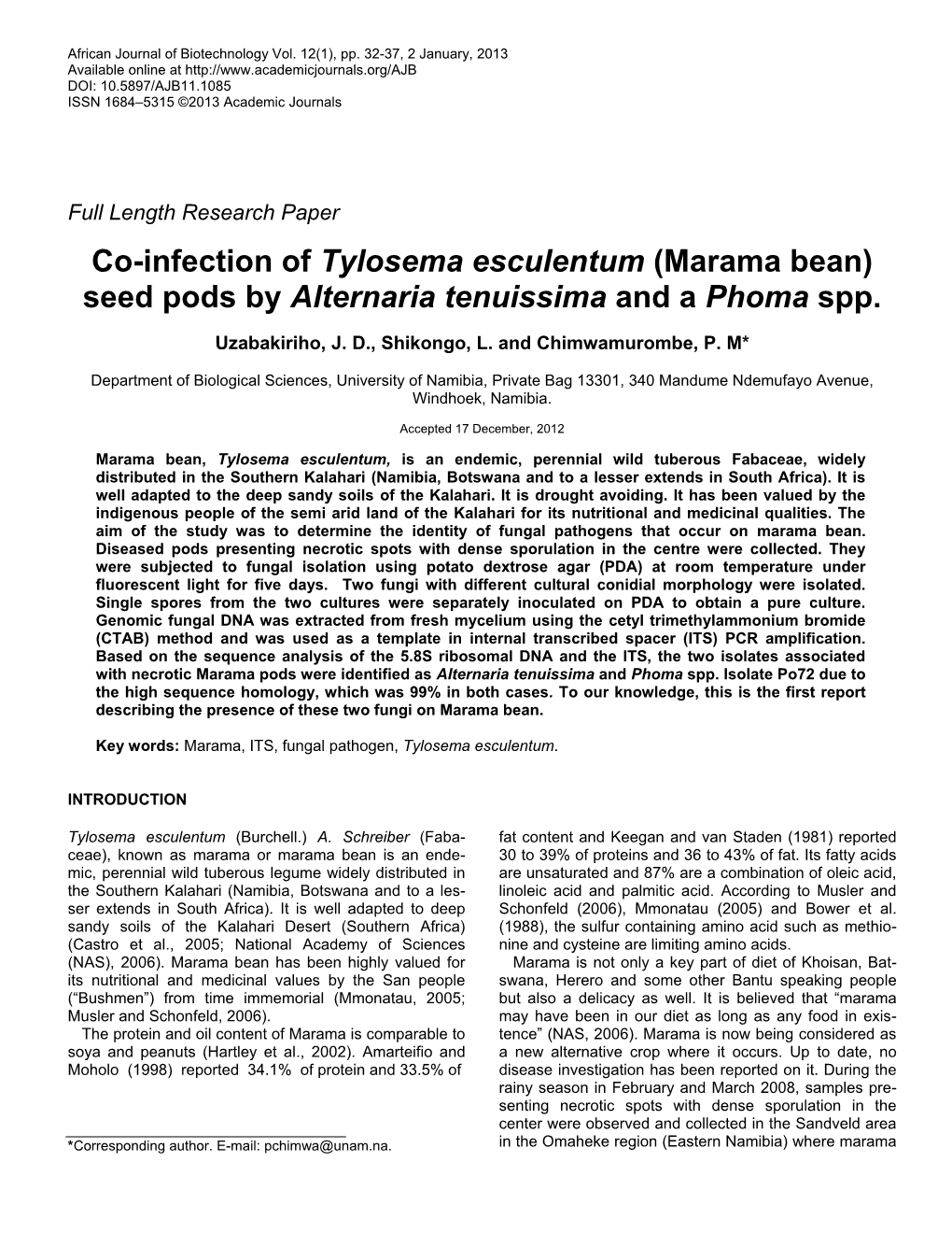First Report of Alternaria Tenuissima on Marama ( Tylosema Esculentum) In