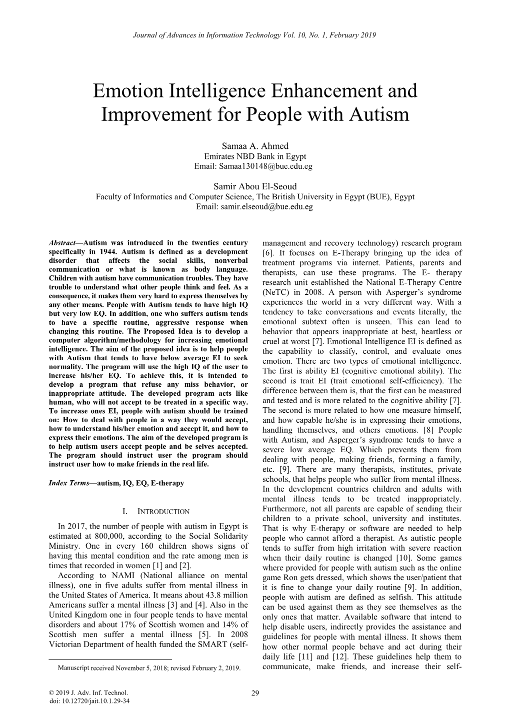 Emotion Intelligence Enhancement and Improvement for People with Autism