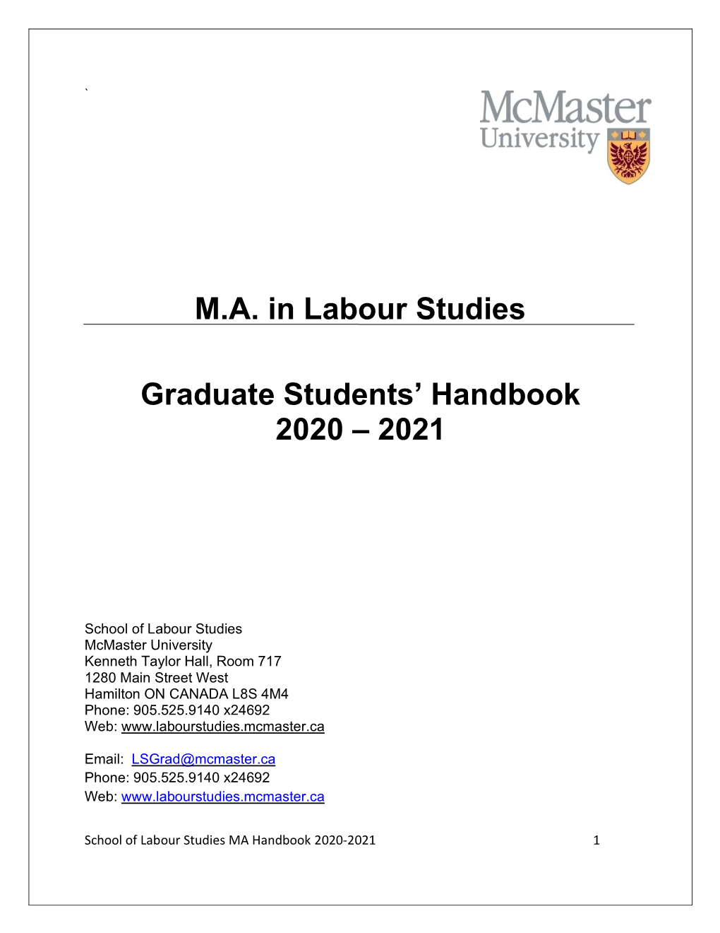 MA in Labour Studies Graduate Students' Handbook 2020 – 2021