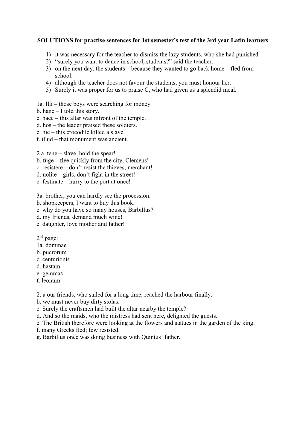 SOLUTIONS for Practise Sentences for 1St Semester S Test of the 3Rd Year Latin Learners