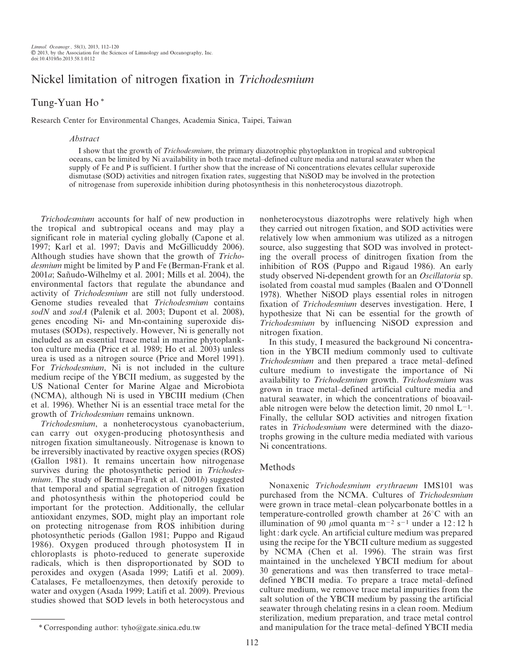 Ho, Tung-Yuan. Nickel Limitation of Nitrogen Fixation in <Em>