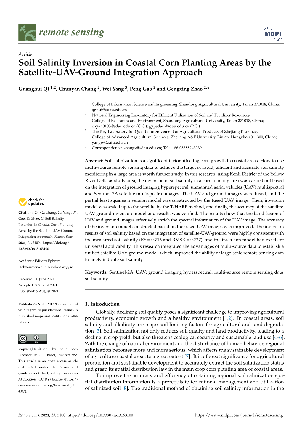 Soil Salinity Inversion in Coastal Corn Planting Areas by the Satellite-UAV-Ground Integration Approach