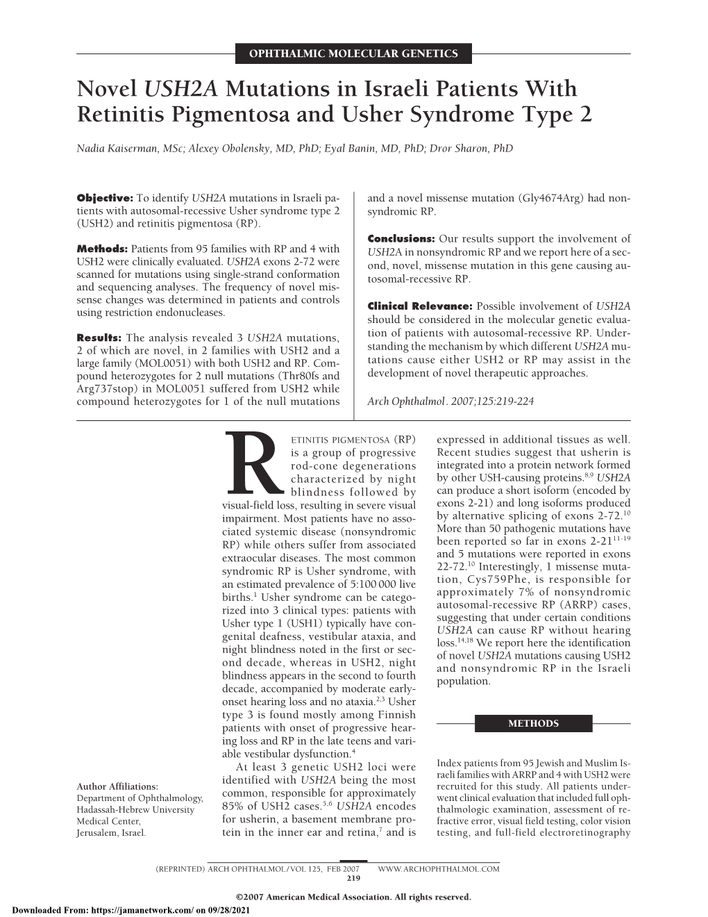 Novel USH2A Mutations in Israeli Patients with Retinitis Pigmentosa and Usher Syndrome Type 2