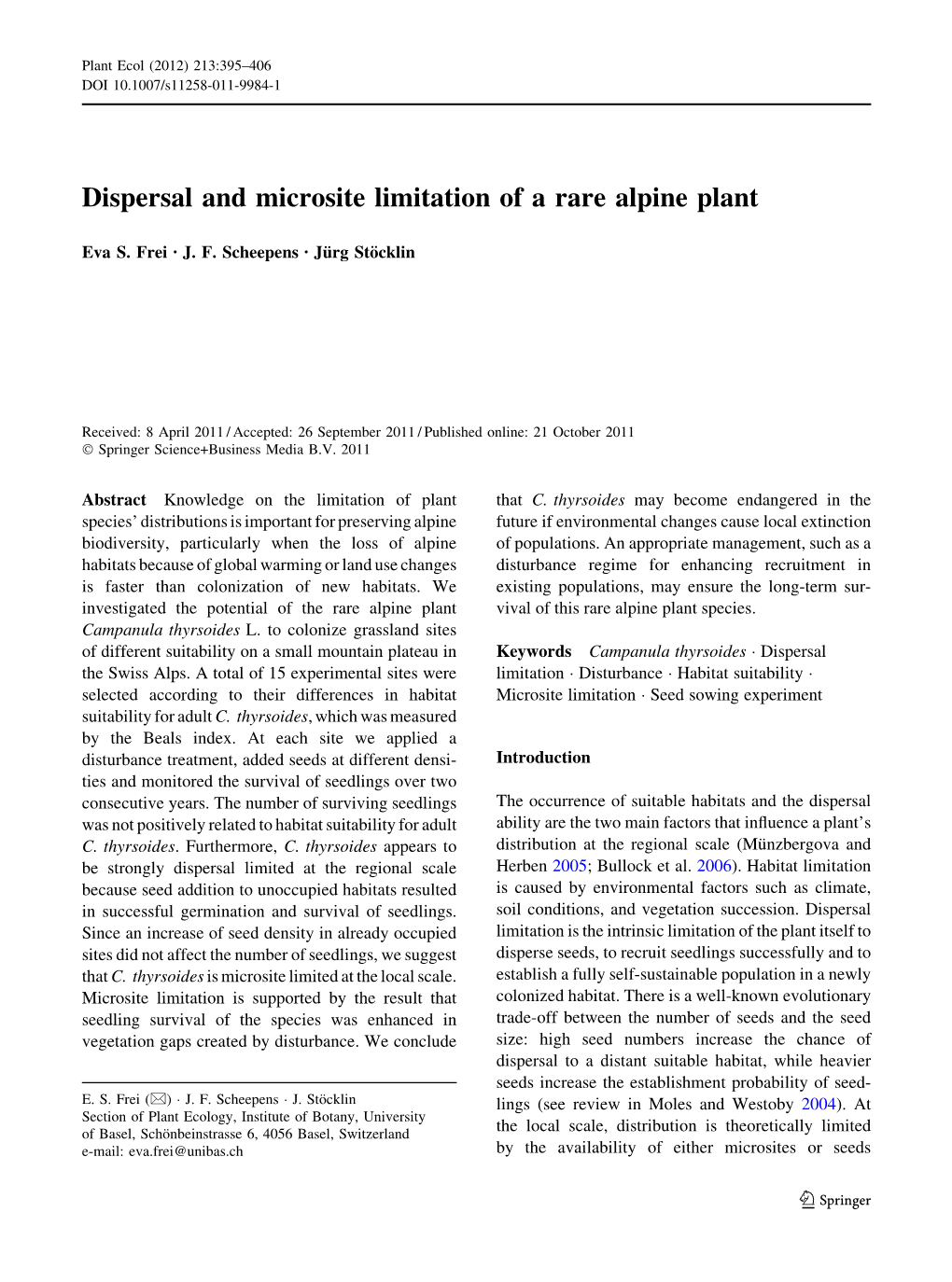 Dispersal and Microsite Limitation of a Rare Alpine Plant