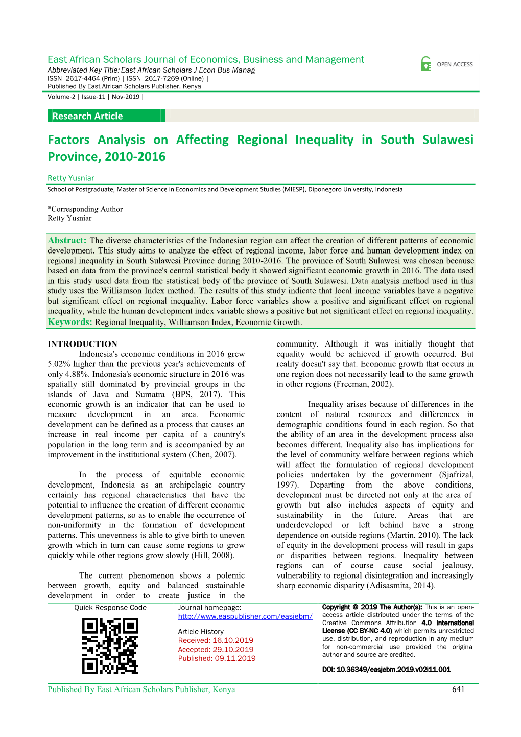 Factors Analysis on Affecting Regional Inequality in South Sulawesi Province, 2010-2016