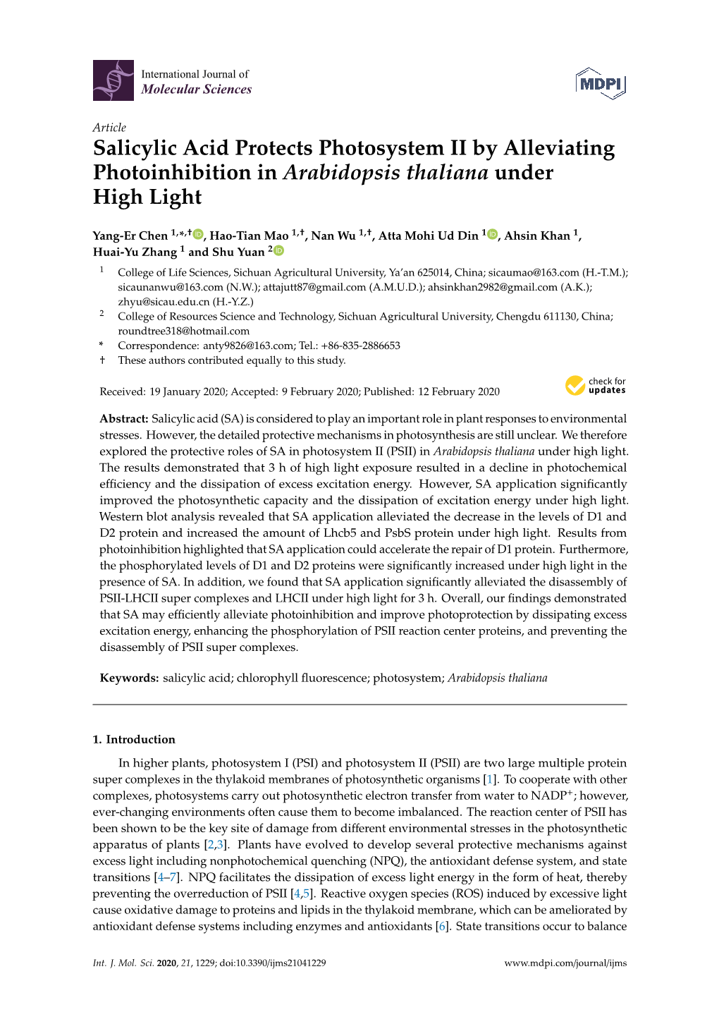 Salicylic Acid Protects Photosystem II by Alleviating Photoinhibition in Arabidopsis Thaliana Under High Light