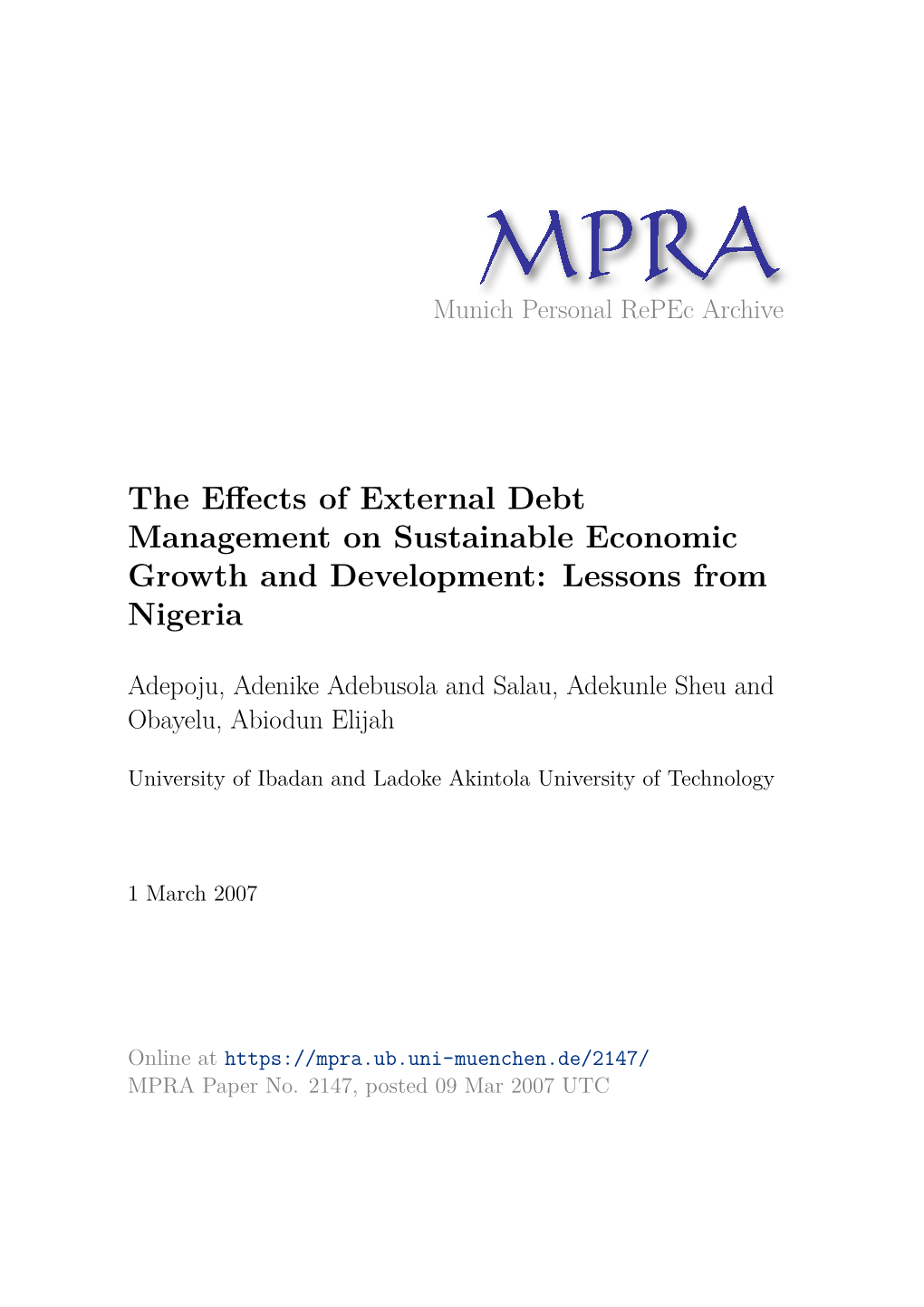 The Effects of External Debt Management on Sustainable Economic Growth and Development: Lessons from Nigeria