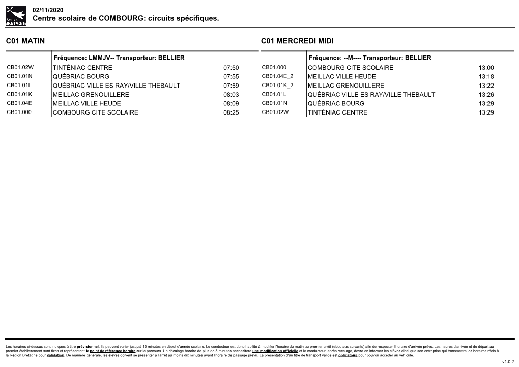 Centre Scolaire De COMBOURG: Circuits Spécifiques. C01