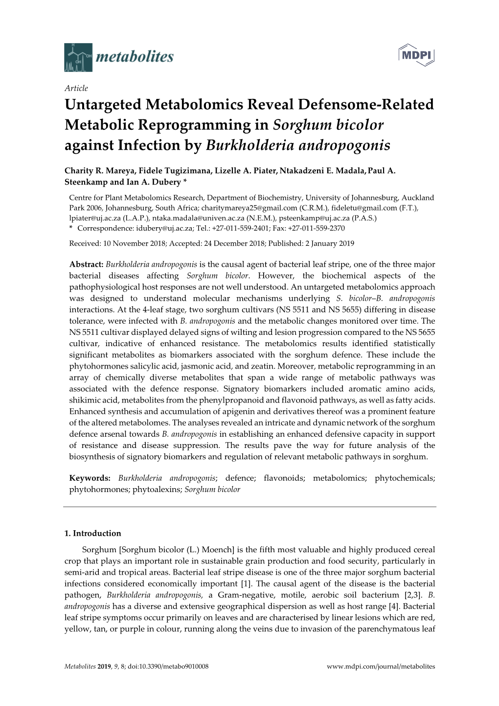 Untargeted Metabolomics Reveal Defensome-Related Metabolic Reprogramming in Sorghum Bicolor Against Infection by Burkholderia Andropogonis