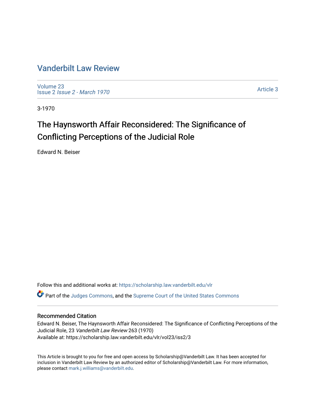 The Haynsworth Affair Reconsidered: the Significance of Conflicting Erp Ceptions of the Judicial Role