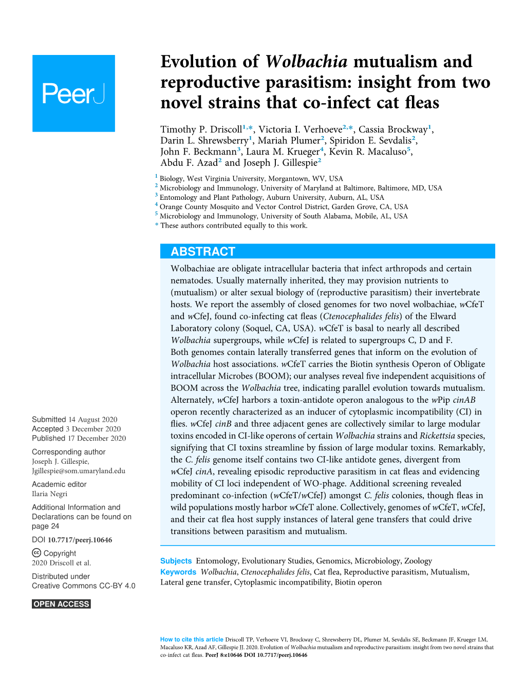 Evolution of Wolbachia Mutualism and Reproductive Parasitism: Insight from Two Novel Strains That Co-Infect Cat ﬂeas