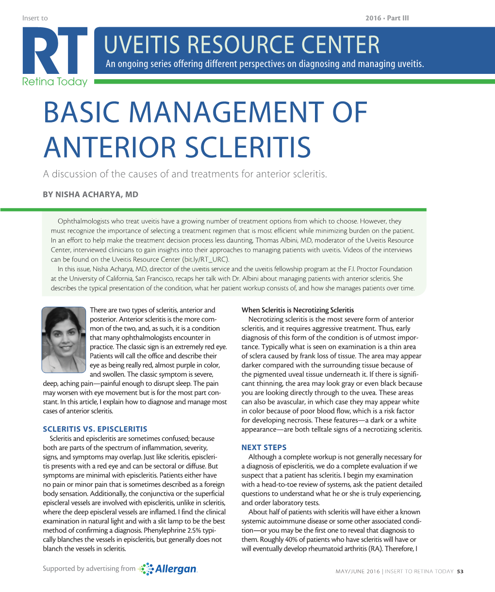 BASIC MANAGEMENT of ANTERIOR SCLERITIS a Discussion of the Causes of and Treatments for Anterior Scleritis