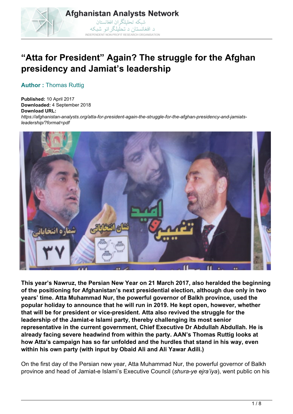 Atta for President” Again? the Struggle for the Afghan Presidency and Jamiat’S Leadership