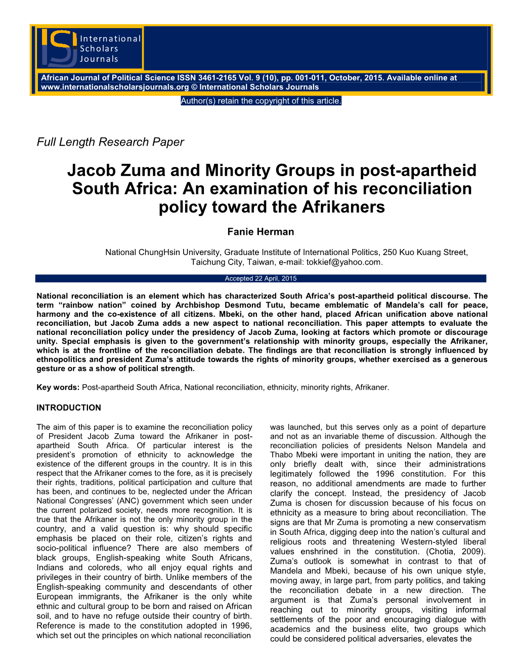 Jacob Zuma and Minority Groups in Post-Apartheid South Africa: an Examination of His Reconciliation Policy Toward the Afrikaners