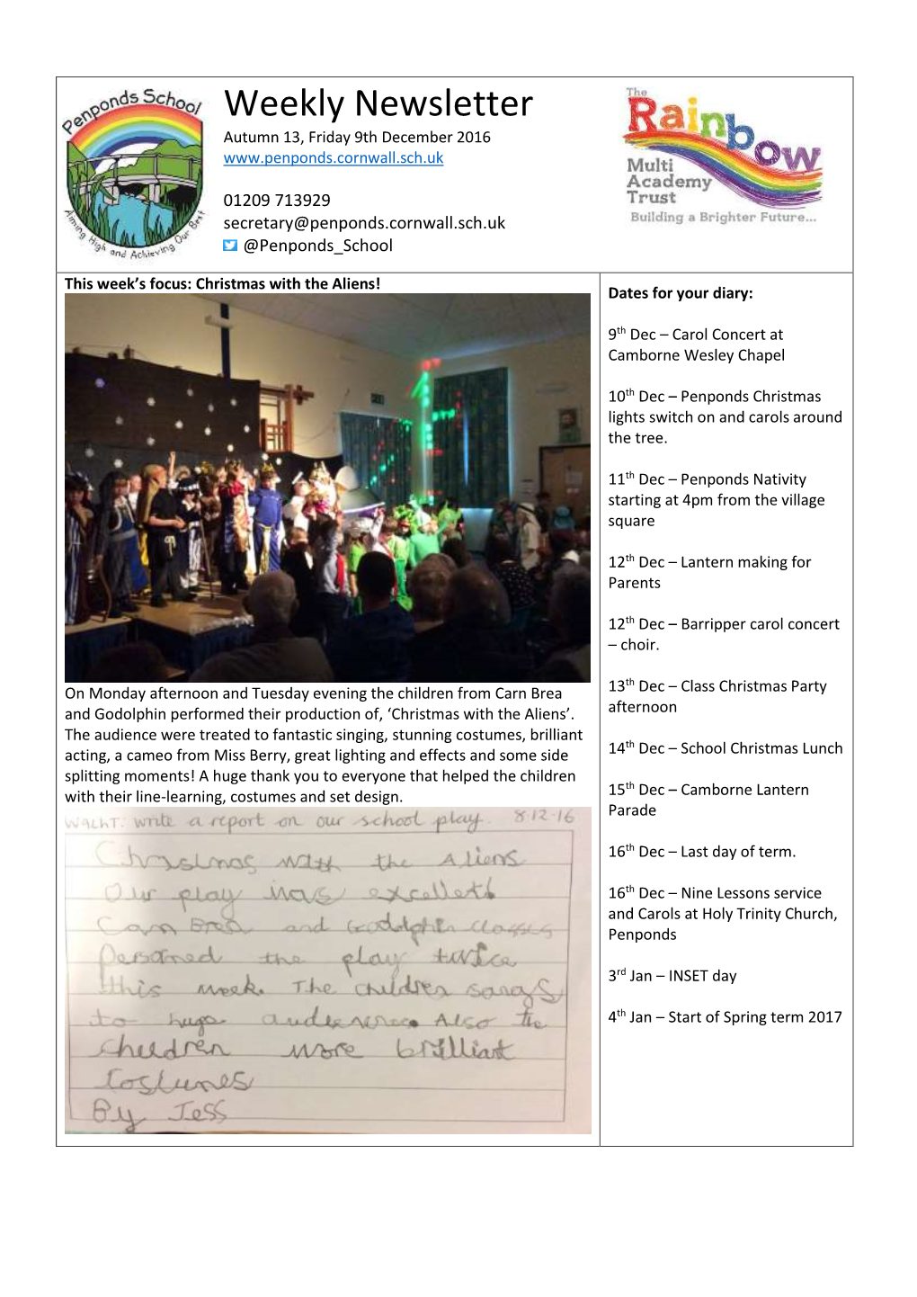 Weekly Newsletter Autumn 13, Friday 9Th December 2016