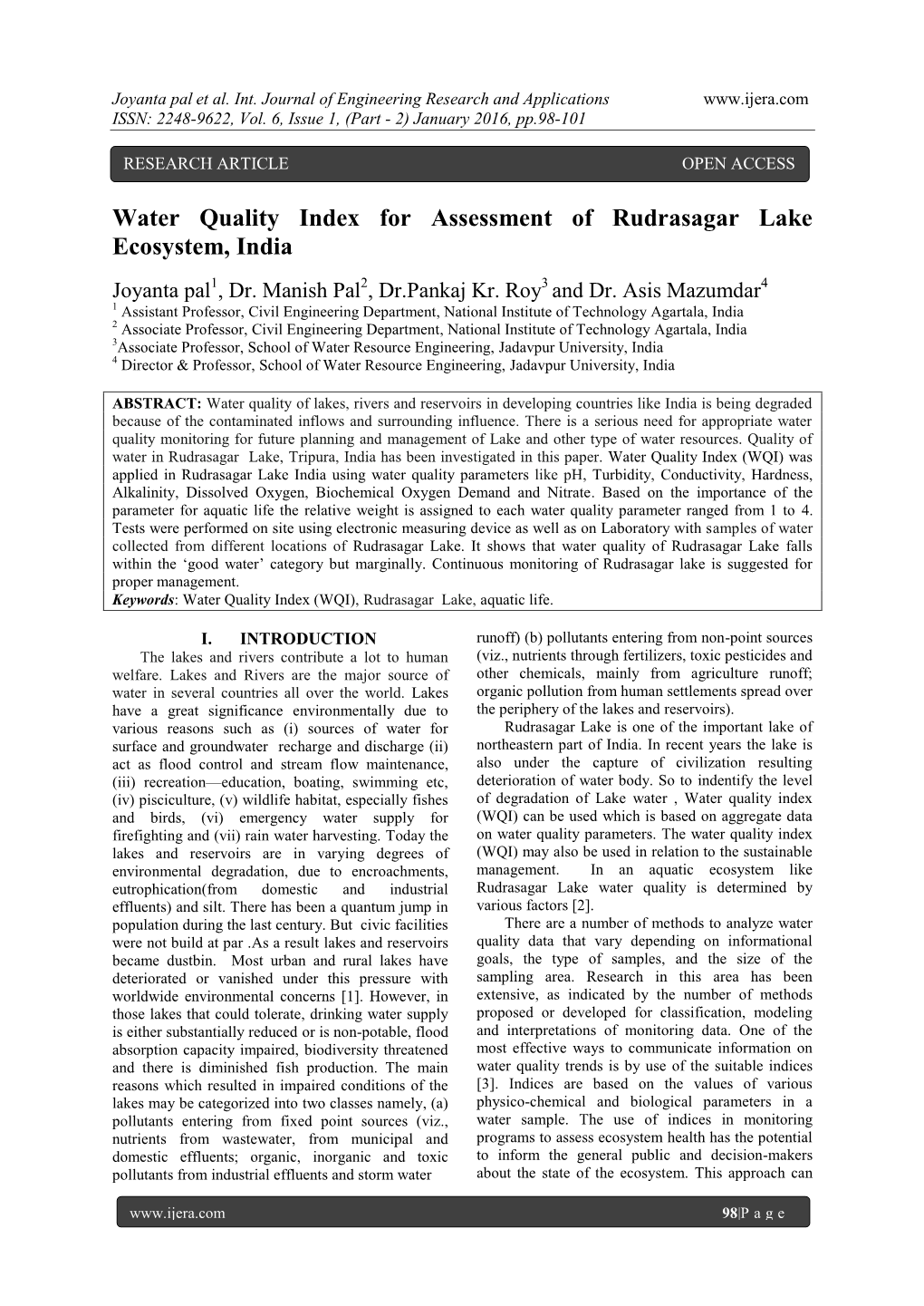 Water Quality Index for Assessment of Rudrasagar Lake Ecosystem, India