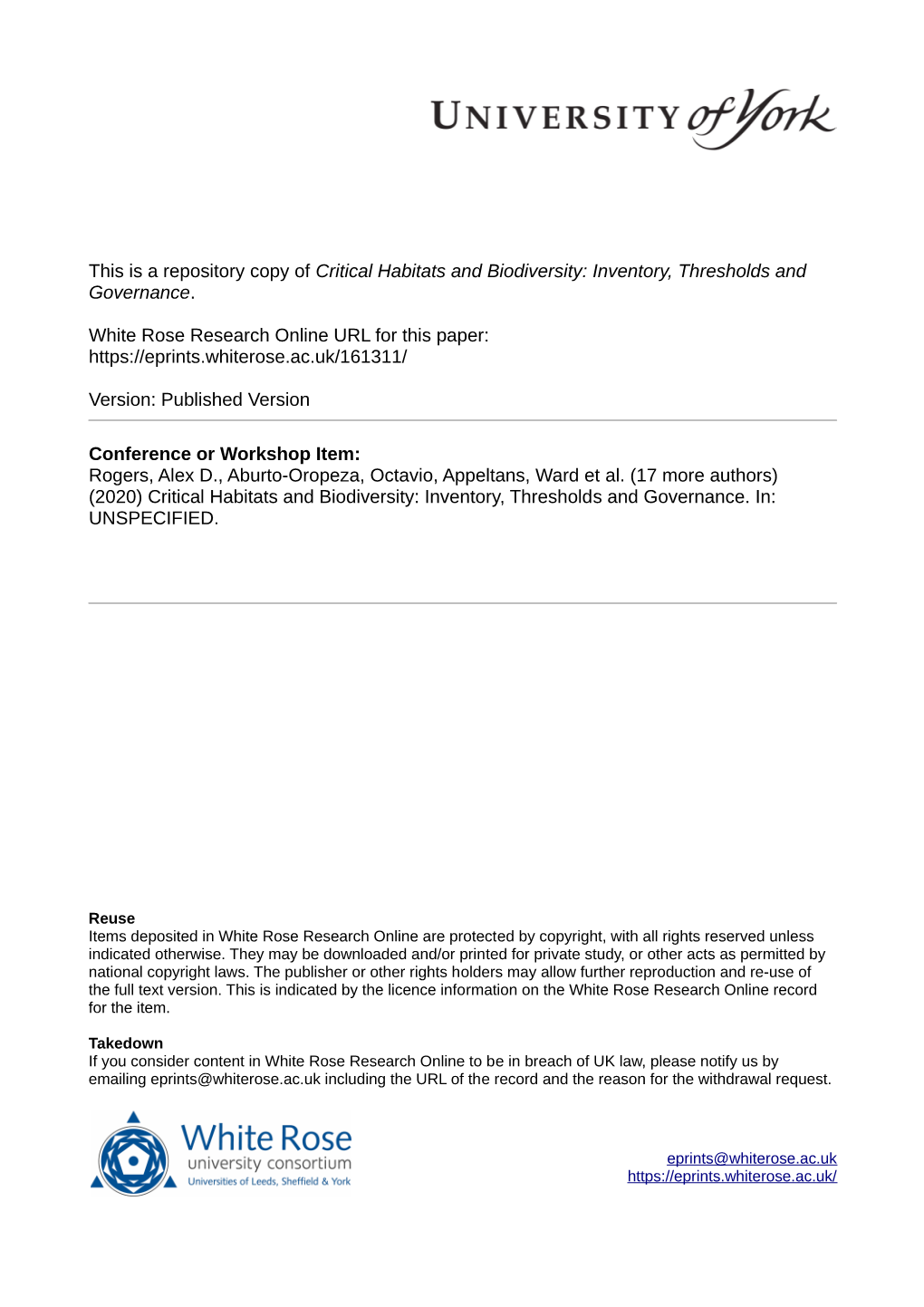 Critical Habitats and Biodiversity: Inventory, Thresholds and Governance