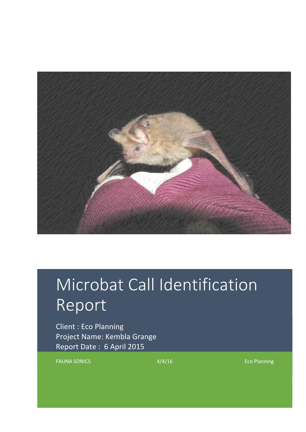 Microbat Call Identification Report Client : Eco Planning Project Name: Kembla Grange Report Date : 6 April 2015