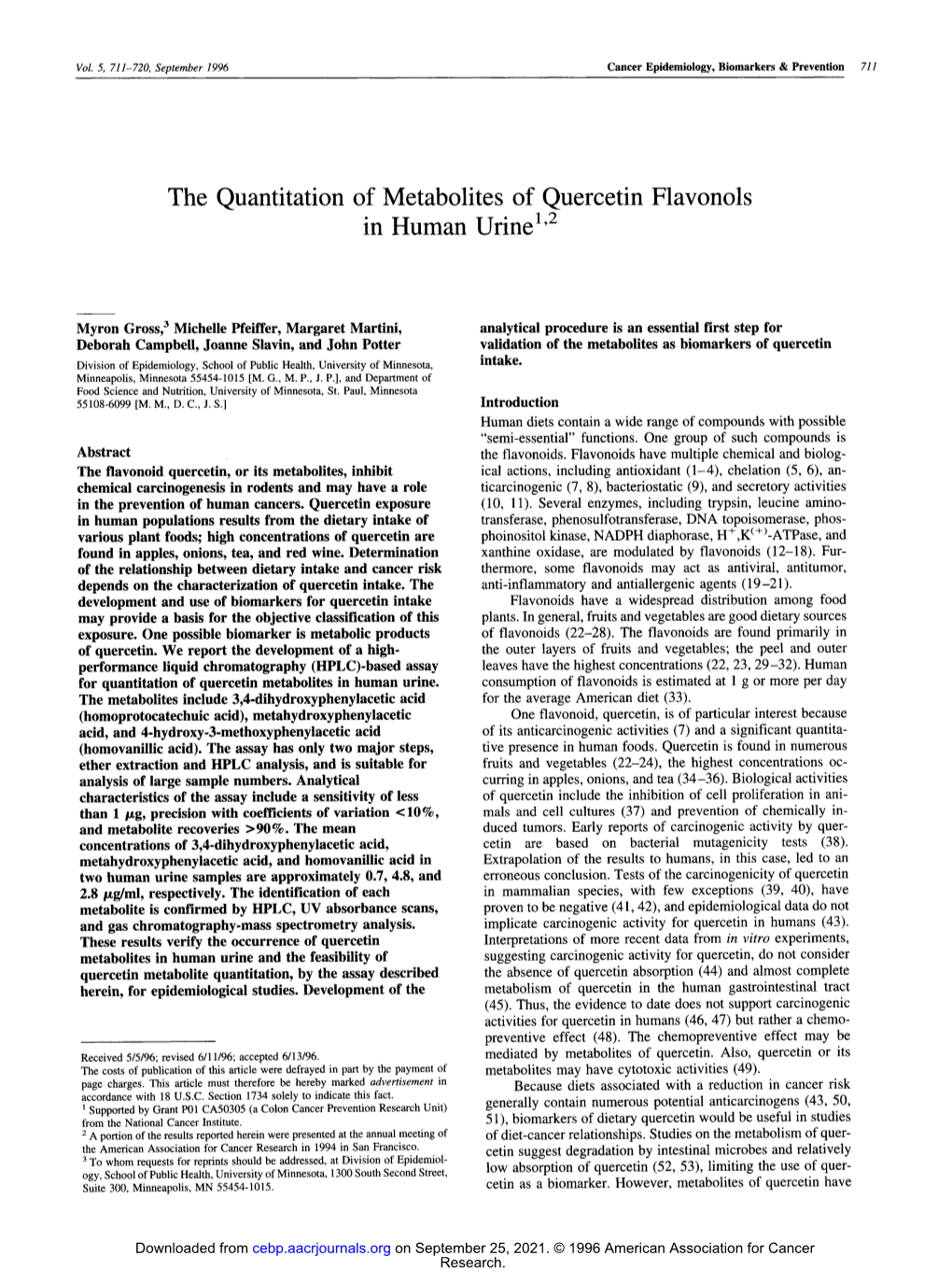The Quantitation of Metabolites of Quercetin Flavonols in Human Urine"2