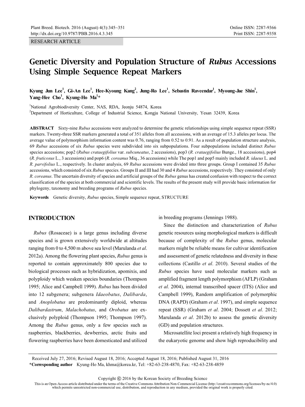 Genetic Diversity and Population Structure of Rubus Accessions Using Simple Sequence Repeat Markers