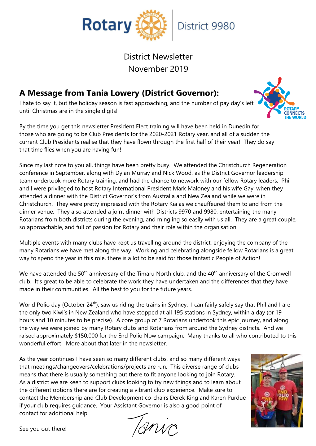 District Newsletter November 2019 a Message from Tania Lowery (District Governor)