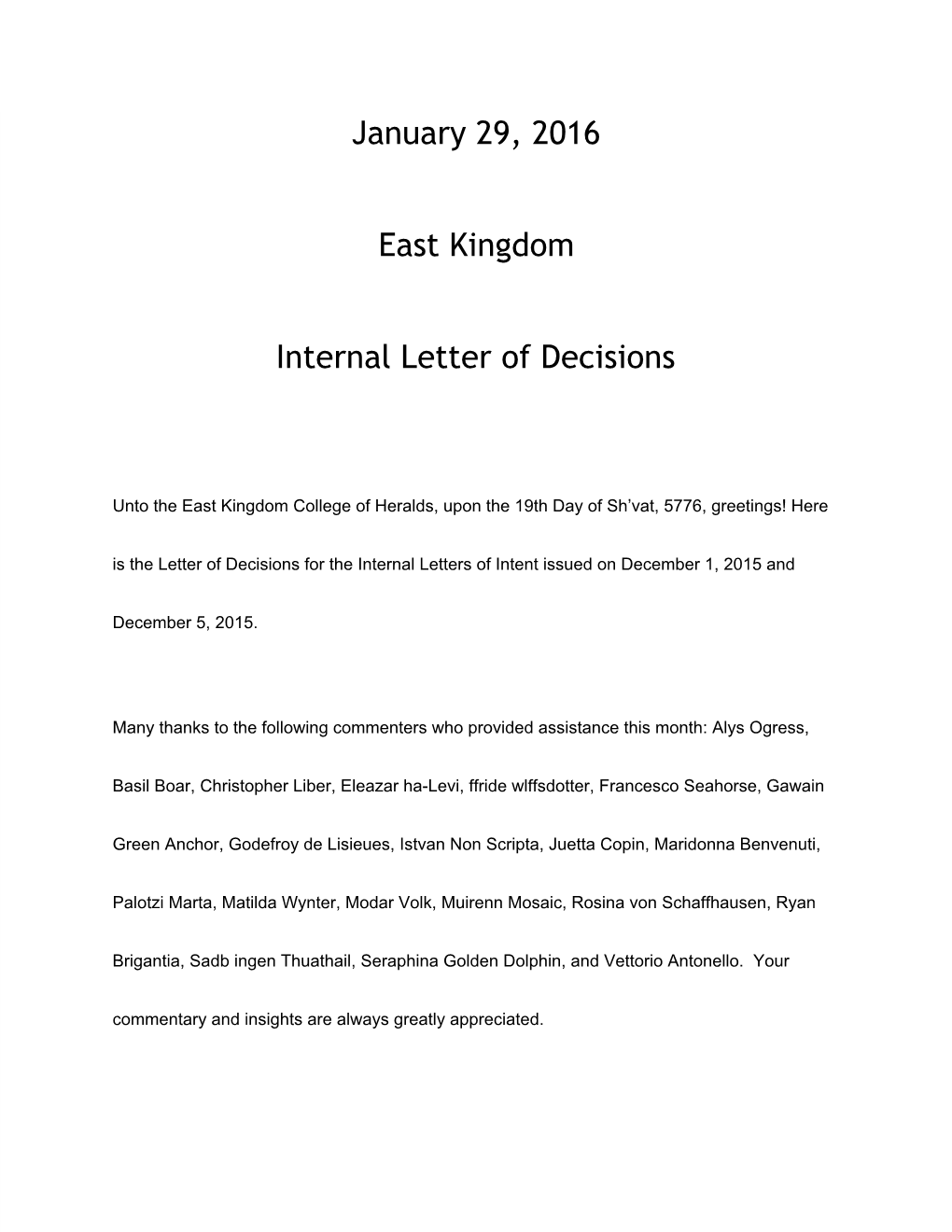 January 29, 2016 East Kingdom Internal Letter