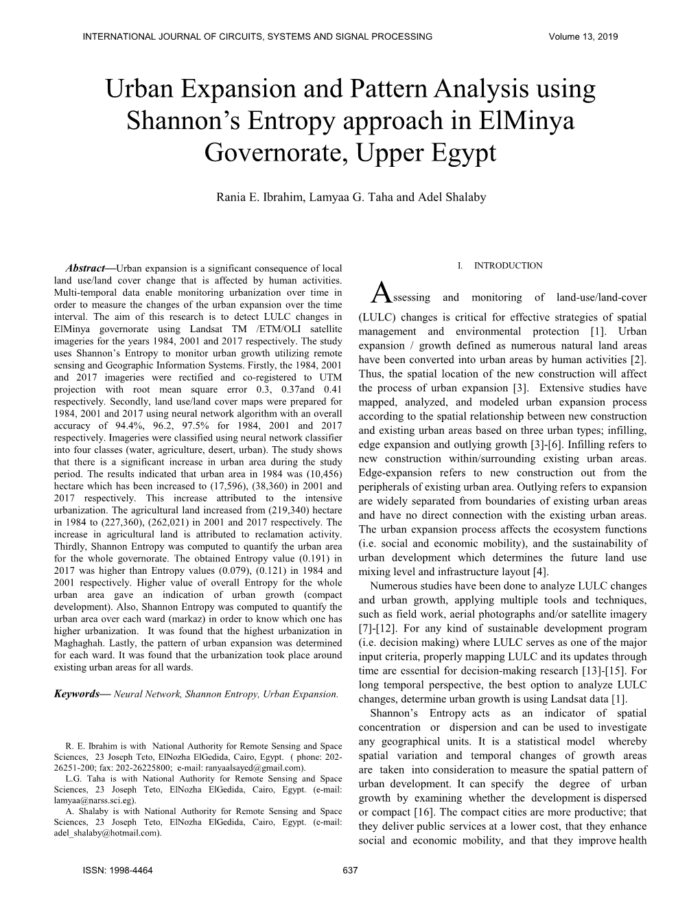 Urban Expansion and Pattern Analysis Using Shannon's Entropy Approach in Elminya Governorate, Upper Egypt